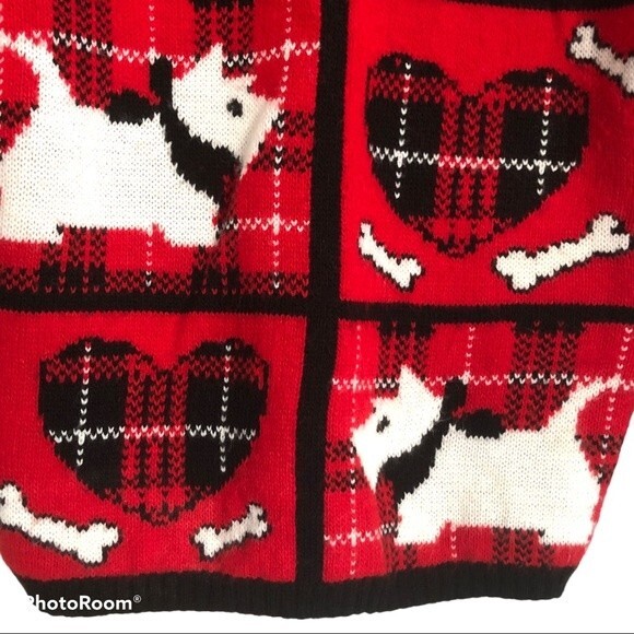 Vintage Sweater Womens Medium Red Black White Scottie Dog Patchwork Holiday - Picture 3 of 9